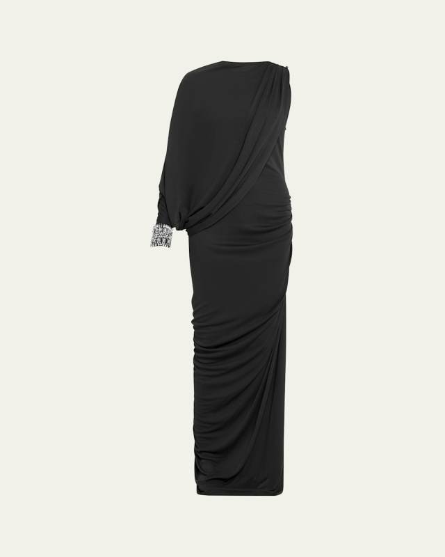 Batwing Sleeve Asymmetric Draped Jersey Gown
